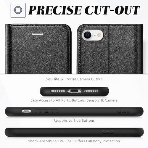 TUCCH Case Wallet for iPhone SE 2022/ iPhone 7/8/SE 2020, Textured Black | 3 Card Holders, Kickstand, PU Leather, Shockproof TPU Shell, Magnetic Closure, Protective Folio Cover - color: Black - Textured