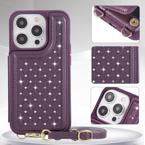 Crossbody Wallet Case for iPhone 12 Pro Max(6.7") with Detachable Strap - PU Leather Flip Folio with Card Slots & RFID Blocking, Sparkling Diamond Accents-Lavender - color: Lavender, size: iPhone 12 Pro Max(6.7")