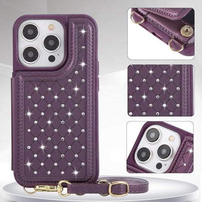 Crossbody Wallet Case for iPhone 12 Pro Max(6.7") with Detachable Strap - PU Leather Flip Folio with Card Slots & RFID Blocking, Sparkling Diamond Accents-Lavender - color: Lavender, size: iPhone 12 Pro Max(6.7")
