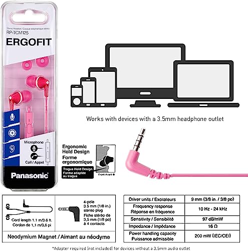 PANASONIC ErgoFit Earbud Headphones with Microphone and Call Controller Compatible with iPhone, Android and Blackberry - RP-TCM125-P - In-Ear (Pink) - color: Pink, size: S/M/L, style: With Mic