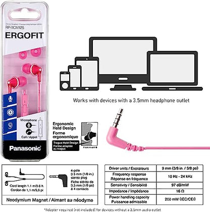 PANASONIC ErgoFit Earbud Headphones with Microphone and Call Controller Compatible with iPhone, Android and Blackberry - RP-TCM125-P - In-Ear (Pink) - color: Pink, size: S/M/L, style: With Mic