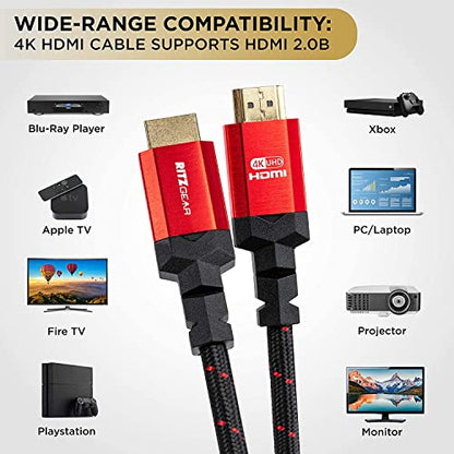 Ritz Gear 4K HDMI 2.0 Cable 2 ft. [10 Pack] 18 Gbps Ultra High Speed Braided Nylon Cord & Gold Connectors - 4K@60Hz/UHD/3D/2160p/1080p/ARC & Ethernet. Compatible with UHD TV/Monitor/PC/PS5/Xbox
