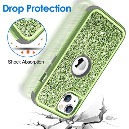 Hython Case for iPhone 13 Case Glitter, Cute Sparkly Shiny Bling Sparkle Cover, Heavy Duty 3 in 1 Hybrid Hard PC Soft TPU Bumper Full Body Shockproof Protective Phone Cases for Women Girls, Green - color: Green