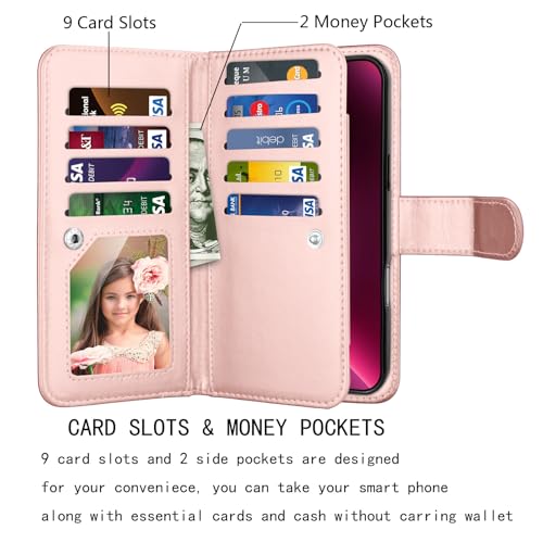 NJJEX Compatible with iPhone 16 Plus Wallet Case, 9 Card Slots, Marble Pink | PU leather folio flip, detachable magnetic phone cover, integrated kickstand, included lanyard - color: Marble Pink, size: iPhone 16 Plus