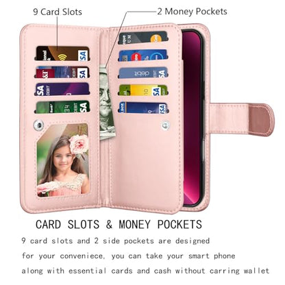NJJEX Compatible with iPhone 16 Plus Wallet Case, 9 Card Slots, Marble Pink | PU leather folio flip, detachable magnetic phone cover, integrated kickstand, included lanyard - color: Marble Pink, size: iPhone 16 Plus