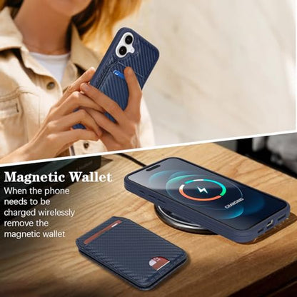 Ｈａｖａｙａ Carbon Fiber Wallet Case for iPhone 16 - Blue | Carbon fiber, detachable wallet, 5-card slots & kickstand, MagSafe 15W fast charge, raised bezels - color: Blue