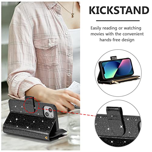 UEEBAI Wallet Case for iPhone 13 - PU Leather Magnetic Closure Handbag With Zipper Pocket, Kickstand, Card Slots and Hand Strap - Bling Black Flip Case for Women - color: Bling Black