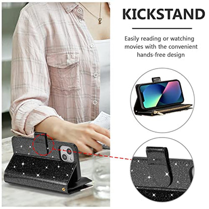UEEBAI Wallet Case for iPhone 13 - PU Leather Magnetic Closure Handbag With Zipper Pocket, Kickstand, Card Slots and Hand Strap - Bling Black Flip Case for Women - color: Bling Black