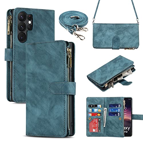 iCoverCase for Samsung Galaxy S23 Ultra Wallet Case with Card Holder, Kickstand Feature PU Leather Case with Adjustable Crossbody Lanyard Magnetic Clasp Zipper Pocket Flip Cover (Blue) - color: Blue, size: Galaxy S23 Ultra