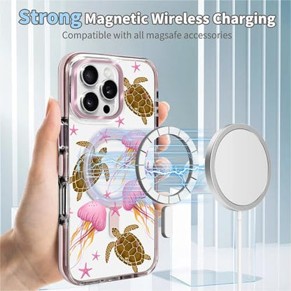 VisEnt Clear Case for iPhone 16 ProMax, Magnetic Phone Case, Transparent Slim Cover, Military Grade Protection, Shockproof, Anti-Yellowing, Scratch Resistant, Pink Jellyfish Sea Turtle - color: Pink Jellyfish Sea Turtle, size: Iphone 16 Pro Max