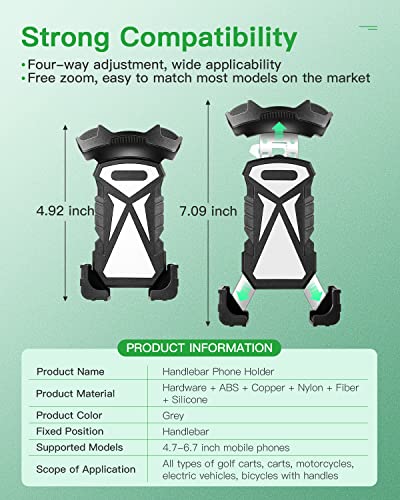 Universal Phone Holder Golf Cart, Phone Mount for Bike, Bicycle, Push Cart, Boat, Car, Stroller, Motorcycle, Fits Most Mobile Smartphones, Adjustable Handlebar Cell Phone Holder Shockproof - color: Grey