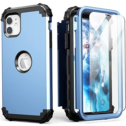 IDweel for iPhone 11 Case with Screen Protector(Tempered Glass), Hybrid 3 in 1 Shockproof Slim Fit Heavy Duty Protection Hard PC Cover Soft Silicone Bumper Full Body Case,Peace Blue/Black - color: Peace Blue/Black