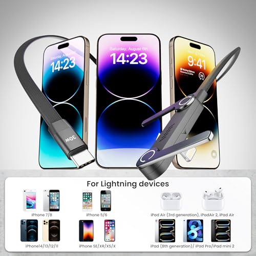 2 Pack USB C to Lightning Cable with Built-in Metal Phone Stand, PD 30W Invisible Holder Charger Cable, 90 Degree Braided Flat Lightning Charging Cable, Foldable Data Cable Standing for iPhone 14-5