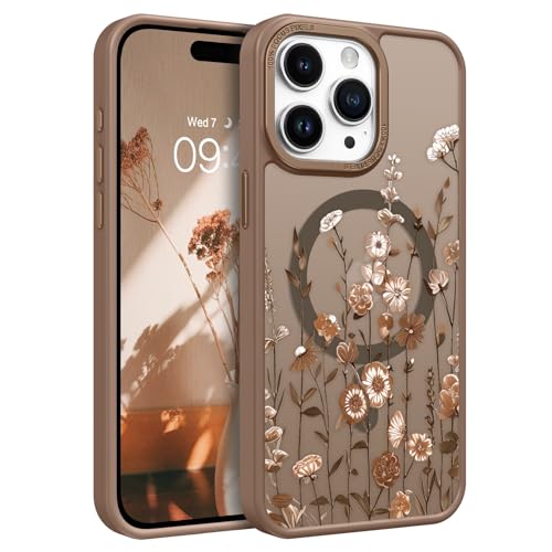 GUAGUA for iPhone 15 Pro Max Case, Magnetic Cases Cute 3D Flower Pattern Translucent Matte Back [Compatible with MagSafe] Slim Shockproof Protective Phone Case for iPhone 15 Pro Max 6.7'', Brown - color: Brown, size: for iPhone 15 Pro Max
