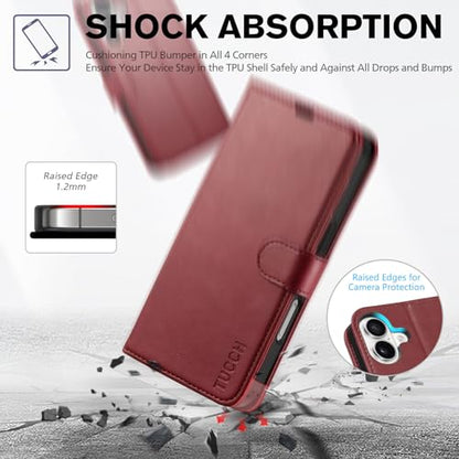 TUCCH Case Wallet for iPhone 16 (6.1") 2024, RFID Blocking Folio, Dark Red | 4 Card Holders, Kickstand, PU Leather, Magnetic Closure, Shockproof TPU Shell, Protective Flip Cover - color: Dark Red