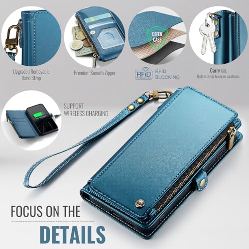 Defencase for Samsung Galaxy S25 Wallet Case with RFID Card Holder, Blue | Durable Soft PU Leather, with Zipper Pocket, Wrist Strap, Fashion Snap Flip S25 Phone Cases Cover with Stand for Women Men - color: Dark Blue