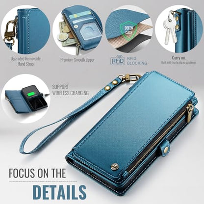 Defencase for Samsung Galaxy S25 Wallet Case with RFID Card Holder, Blue | Durable Soft PU Leather, with Zipper Pocket, Wrist Strap, Fashion Snap Flip S25 Phone Cases Cover with Stand for Women Men - color: Dark Blue