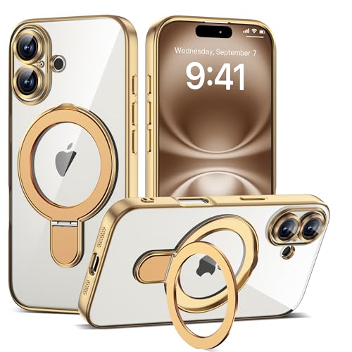 Compatible with iPhone 16 Case with Invisible Magnetic Ring Stand [Compatible with Mag-Safe] [Full Camera Lens Protector] Plating Clear Phone Case for iPhone 16 6.1", Gold - color: Gold, size: Iphone 16