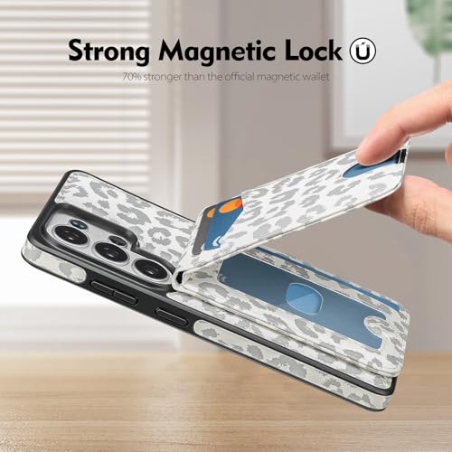 SkyEagle Compatible Magsafe 2 in 1 Detachable Samsung Galaxy S26 Ultra Wallet Case Card Holder Women Men,Magnetic PU Leather Phone Case RFID Blocking Flip Kickstand Credit Slots,Leopard-White