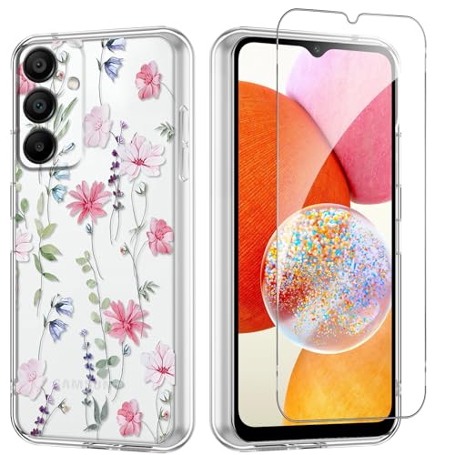 Flower Phone Case Floral for Samsung Galaxy A14 5G 6,6'' with Screen Protector, Clear Transparent Phone Cover Slim Soft Shockproof Anti-Scratch Drop Protection Funda for Girls Women, 02 - color: Flower 02, size: Samsung Galaxy A14 5G