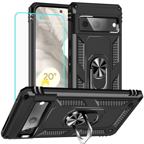 Yiakeng for Google Pixel 7 Case: with Screen Protector - Military Grade Protective Cases with Finger Ring Holder Kickstand for Pixel 7(Black) - color: Black, size: Google Pixel 7 Case