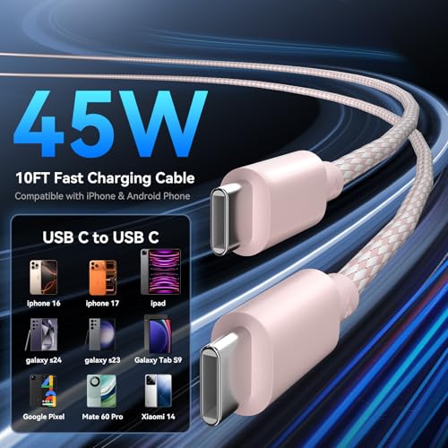 Phone 17 16 Pro Max Charger Fast Charging, 45W Super Fast USB C Charger Block with 10FT Nylon Braided Charging Cable for 17 16 Pro Max/17 16 Pro/16 Plus,15 Pro Max/15 Pro/15/Air, Android Phone-Pink - color: pink+gray, size: 10 Ft