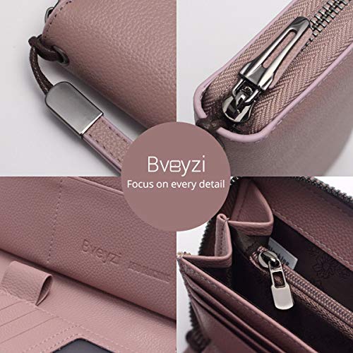Bveyzi Women RFID Blocking Wallet Leather Zip Around Phone Clutch Large Capacity Ladies Travel Purse Wristlet - color: Dark Pink
