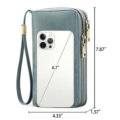 GAEKEAO RFID Leather Wristlet Wallet for Women with Grip Strap | Large capacity clutch wallet, credit card holder, wrist strap, zipper purse, travel and shopping - color: A06 Retro Light Blue-1