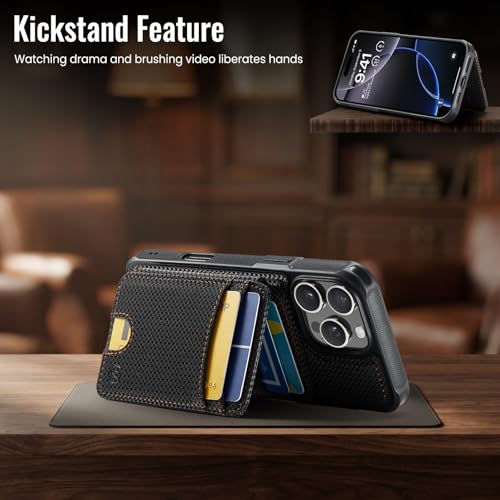 WJX for iPhone 16 Pro MagSafe Wallet Case, 2-in-1 Detachable Luxury Card Holder, Universal MagSafe Compatible, RFID Blocking, Shockproof Kickstand Slim Cover， Carbon Fiber - color: Carbon Fiber, size: iPone 16 Pro
