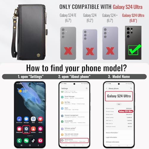 Defencase for Samsung Galaxy S24 Ultra Wallet Case with Card Holder, Black | Durable PU Leather, with RFID Blocking Zipper Pocket, Wrist Strap, S24 Ultra Flip Phone Cases Cover with Stand for Women Men - color: Black