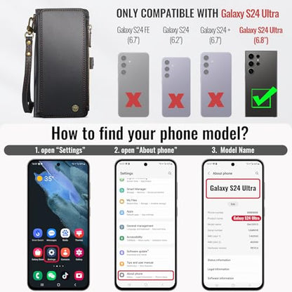 Defencase for Samsung Galaxy S24 Ultra Wallet Case with Card Holder, Black | Durable PU Leather, with RFID Blocking Zipper Pocket, Wrist Strap, S24 Ultra Flip Phone Cases Cover with Stand for Women Men - color: Black
