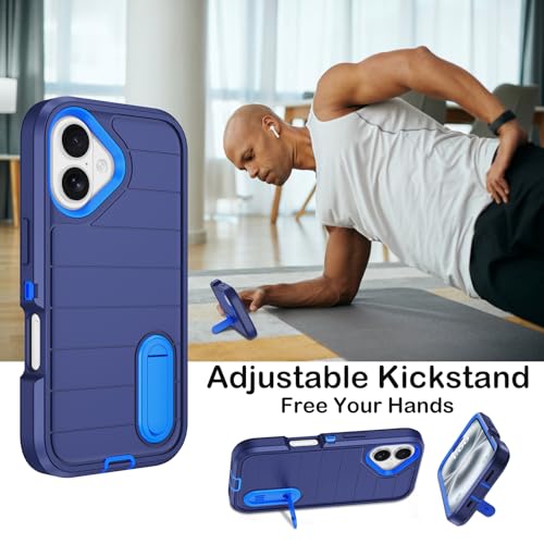 for iPhone 16 Case with Screen Protector, Heavy Duty Shockproof Drop Protection Military Grade Tri-Layer Full Covered Rugged Durable Cell Phone Cover with Built-in Invisible Kickstand 6.1" (Blue) - color: Blue