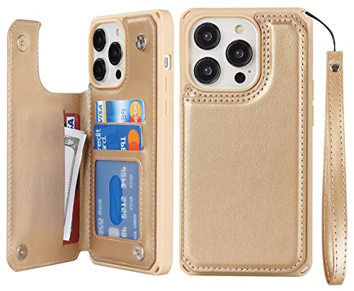 iCoverCase Compatible with iPhone 14 Pro Max Wallet Phone Case with Card Holder for Women, RFID Blocking Embossed PU Leather Wrist Strap Case 6.7 Inch (Macaron Gold) - color: P-Gold