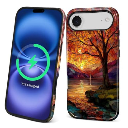 Magnetic Phone Case for iPhone 17 Air,Compatible with MagSafe,Durable 2 Layers Full Covered Shockproof Protective Cover-Stained Glass Sunrise Fall Leaves - color: Stained Glass Sunrise Fall Leaves, size: iPhone 17 Air