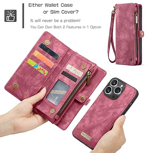 Compatible with iPhone 15 Pro Max Wallet Case with Magsafe,Red | Magnetic Detachable Case,Card Holder,Zipper Pocket,Strap Wristlet, Soft Leather Drop-Proof Phone Case for iPhone 15 Pro Max - color: Red, size: iPhone 15 Pro Max 6.7"