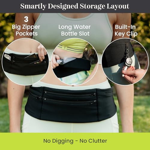 StashBandz Running Belt Money Belt, 3 Large Zippered Pockets, Phone Holder - size: Medium