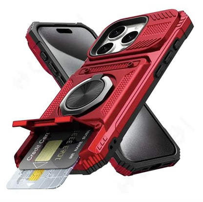 Military Grade Phone Case with Wallet & Magnetic Ring Kickstand, 2-Card Holder, Heavy Duty Drop Protection, Dual Layer TPU+PC Cover for iPhone 11/13/14/15/16/17 Pro Max (Red, iPhone 15 Plus) - color: Red