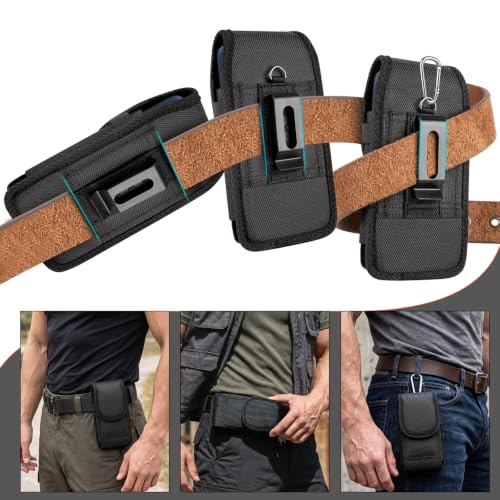 Magnetic Cell Phone Holster with Belt Clip for iPhone Samsung Galaxy | N52 magnetic closure, fits OtterBox. Card slot + pen holders 4-way carry: belt loops, clip, ring For Men, fieldwork, hiking - size: Large