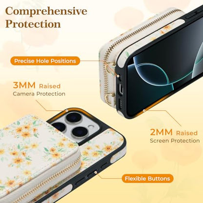 ZCDAYE Zipper Crossbody Wallet Case for iPhone 15 Pro Max, Sunflower | Flip Folio PU Leather, Practical Card Holder, Adjustable Lanyard Strap, RFID Blocking, Warm Sunflower Girly Phone Case - color: Sunflower, size: iPhone 15 Pro Max
