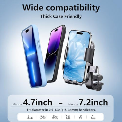Anti-Shake Bike Phone Mount - One-Touch Lock Motorcycle & Ebike Phone Holder, Universal Bicycle Handlebar Cell Phone Clamp for Scooter, ATV, Fits All 4.7"-7.0" Large Smartphones