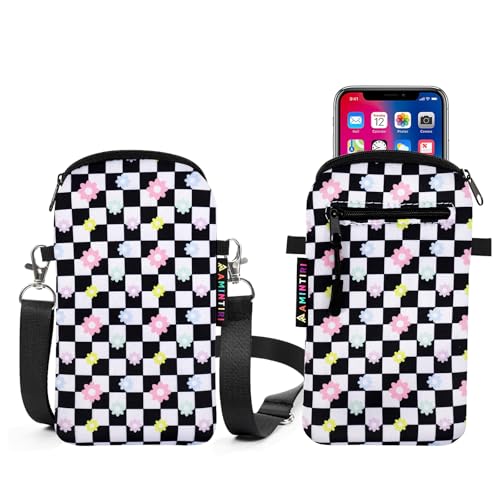 Lanyard Phone Holder Pouch, Phone Bag with Pocket for iPhone & Samsung - color: Checkerboard&Daisy