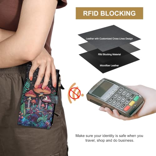 Travelambo RFID Wallet Women Large Size Bifold Multi Card Wallet Case with Zipper Pocke Credit Card Holder for Women - color: Black Mushroom