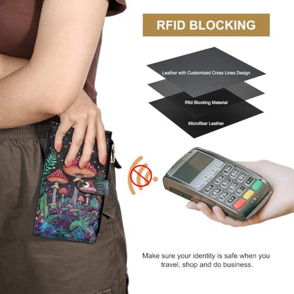 Travelambo RFID Wallet Women Large Size Bifold Multi Card Wallet Case with Zipper Pocke Credit Card Holder for Women - color: Black Mushroom
