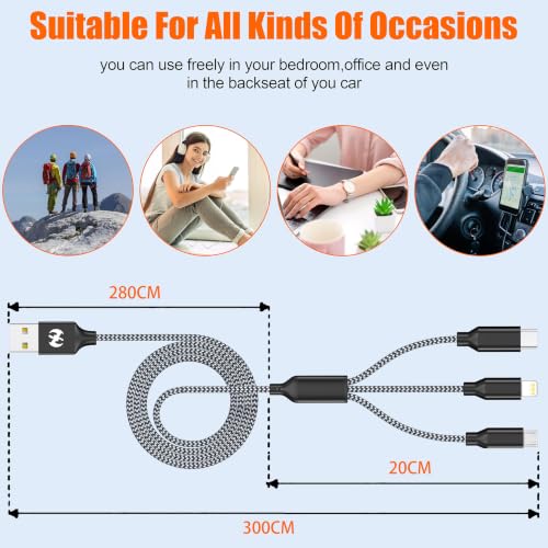 Long 3 in 1 Multi Charging Cable 10ft 2Pack,MFi Certified fast charger cord - color: Grey/Black-10ft