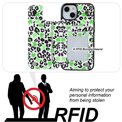 HAOPINSH for iPhone 14 Wallet Case with Card Holder, Clover Leopard Cheetah Pattern Back Flip Folio PU Leather Kickstand Card Slots for Women Girls, Double Magnetic Clasp Shockproof Cover 6.1" - color: Clover Leopard