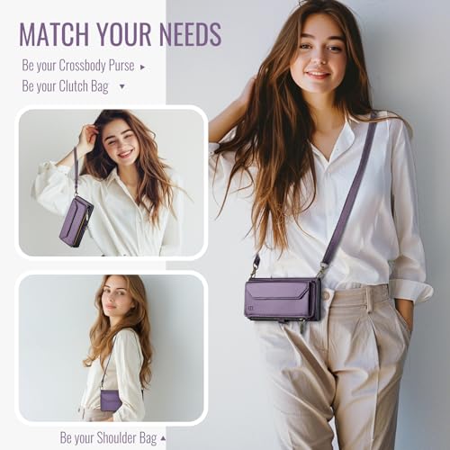 Strapurs Crossbody Wallet Case Compatible with Samsung Galaxy Z Fold 5 with RFID Blocking Card Holder & Pen Holder Slot Soft PU Leather Shoulder Strap Zipper Pocket Purse Fold 5 Phone Case, Purple | RFID Blocking 5-Card Holder, Shoulder Lanyard, Wirst Str