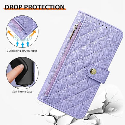 Wallet Phone Case Crafted for iPhone 17 Pro Purple | Women Wallet Flip Case Cover Wrist Strap Zipper Credit Card Holder Slots PU Leather - color: Purple, size: iPhone 17 Pro