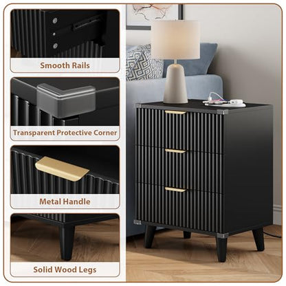Wood Nightstands Set of 2 w/Charging Station, 3 Drawers Fluted Dresser - color: Black, size: 3 Drawers-Set of 2 Nightstand