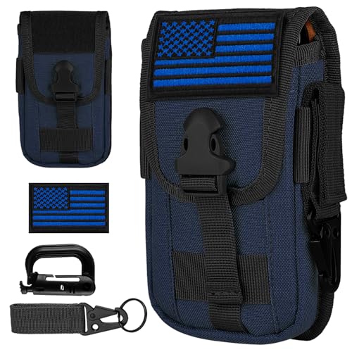Tactical Cell Phone Holster Pouch Case, Molle Attachment Belt Holder for 4.7"-6.9" with US Flag Patch and Gear Clip for iPhone 18 Pro Max/17 Pro/16 Pro - color: Deep Blue