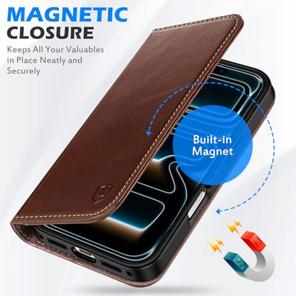 SHIELDON Genunine Leather Case Wallet for iPhone 17 Pro 6.3", Retro Coffee | Flip Magnetic Cover, Kickstand, RFID Blocking, 3 Credit Card Holder, Book Design, Shockproof, Soft Inner Phone Case - color: Retro Coffee